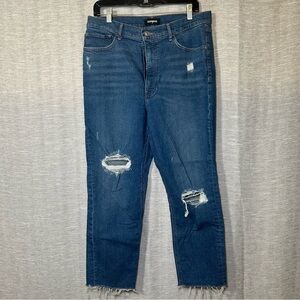Express Distressed High Rise Blue Denim Frayed Hem Mom Jeans Size 12r